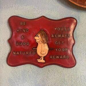 vintage inspirational caveman plaque, cute, kitsch, red, 12x9, ceramic, quote